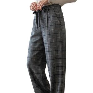 HOT KISS Pants Wide Leg Trousers Black Gray Plaid Size 5 Flat Front Tie Belt